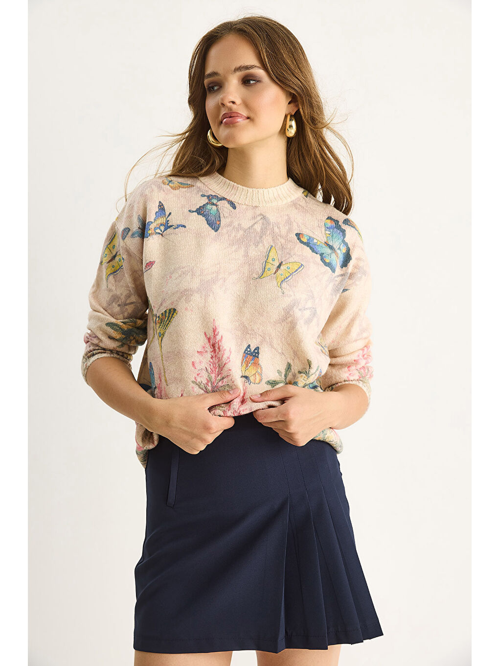 Bej Kadın Parçalı Triko Kazak-2