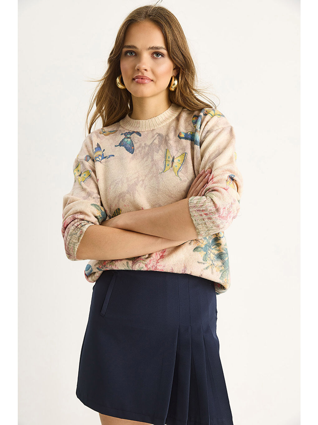 Bej Kadın Parçalı Triko Kazak-4