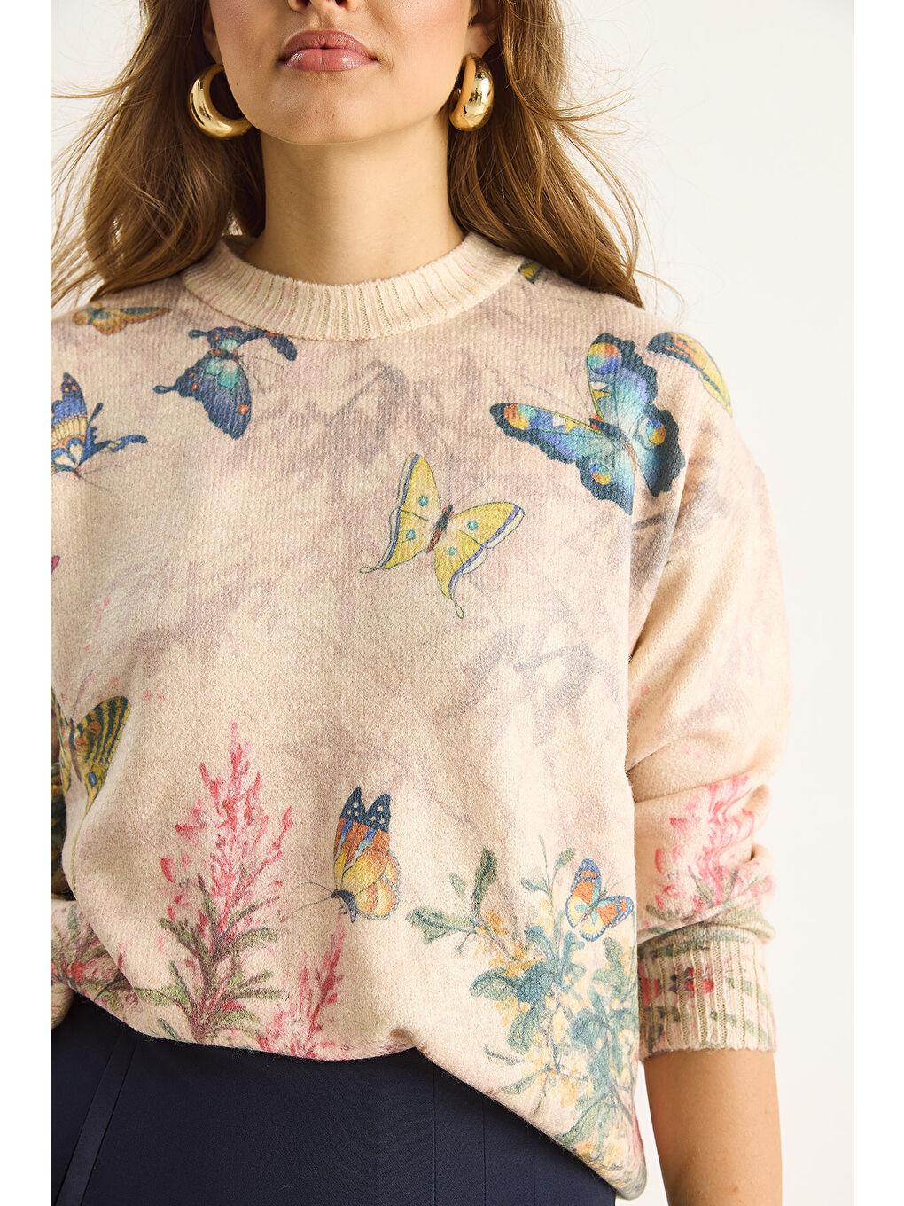 Bej Kadın Parçalı Triko Kazak-5