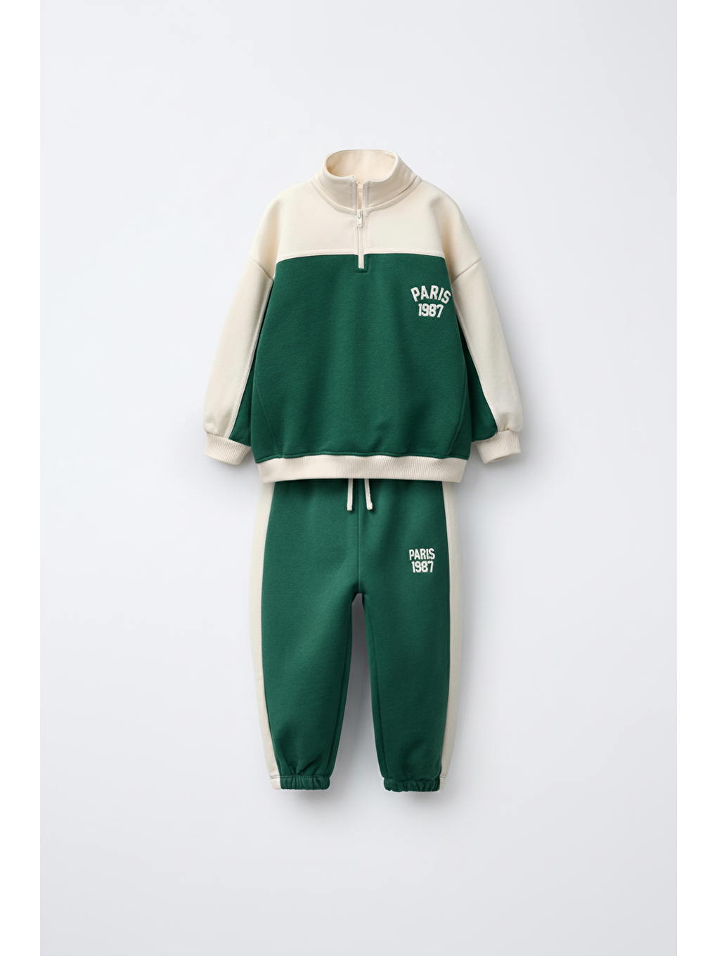 Karışık Erkek Çocuk Pamuklu Yeşil Fermuarlı Sweatshirt Ve Yan Şeritli Eşofman Takım