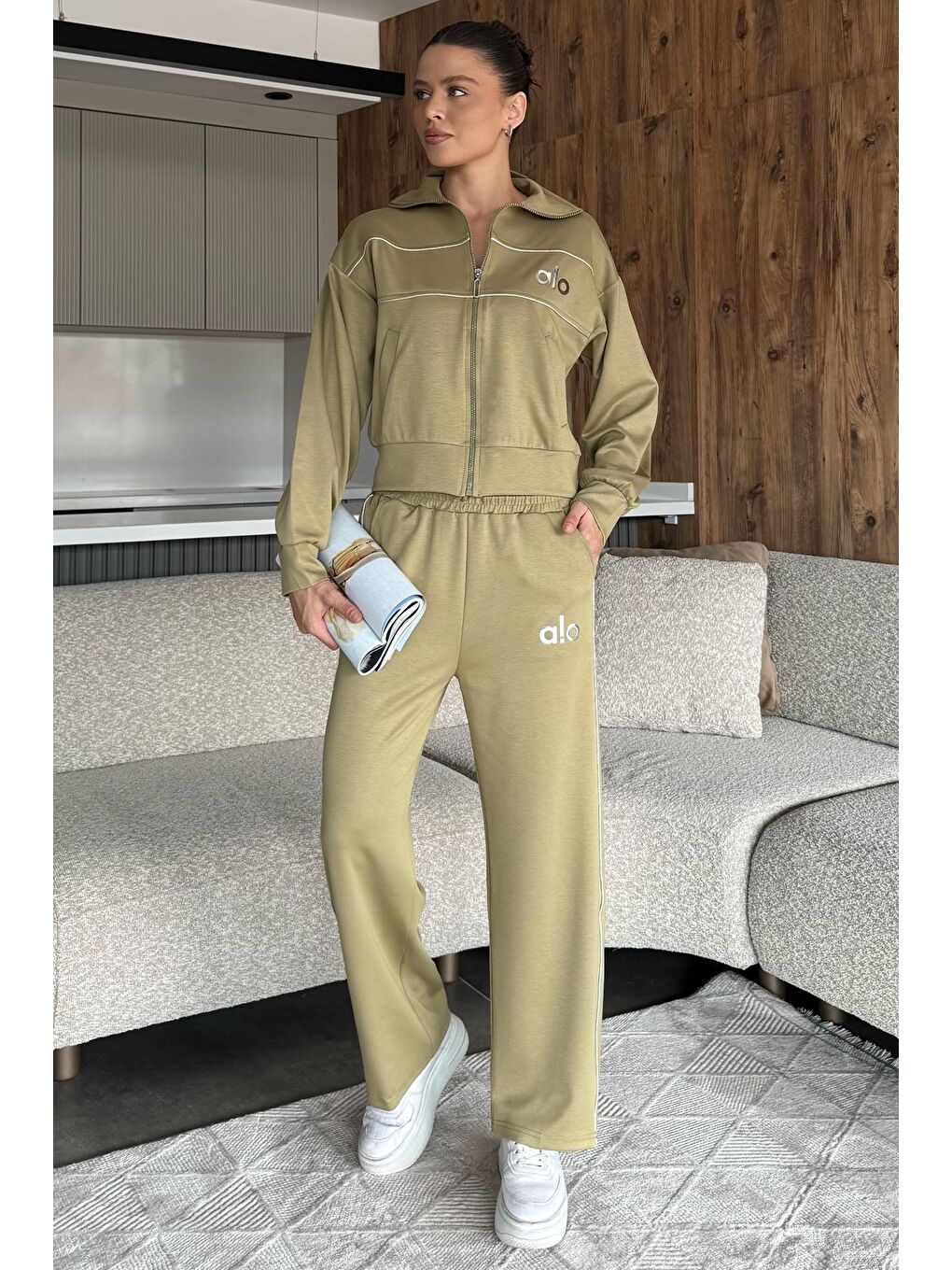 Haki Kadın Şeritli Bel Lastikli Palazzo Pantolon Fermuarlı Sweat İkili Takım