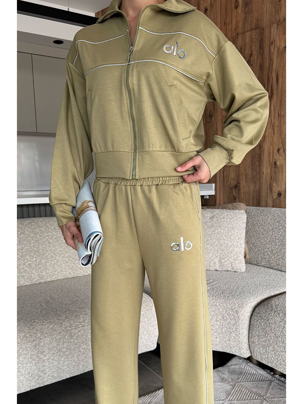 Haki Kadın Şeritli Bel Lastikli Palazzo Pantolon Fermuarlı Sweat İkili Takım-1