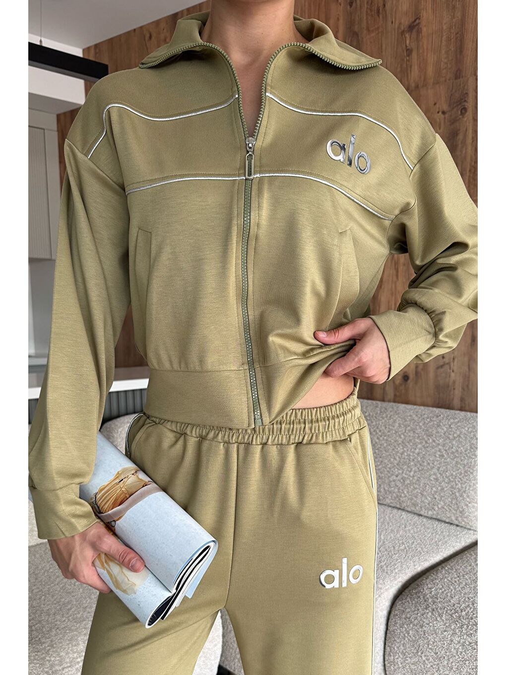 Haki Kadın Şeritli Bel Lastikli Palazzo Pantolon Fermuarlı Sweat İkili Takım-2