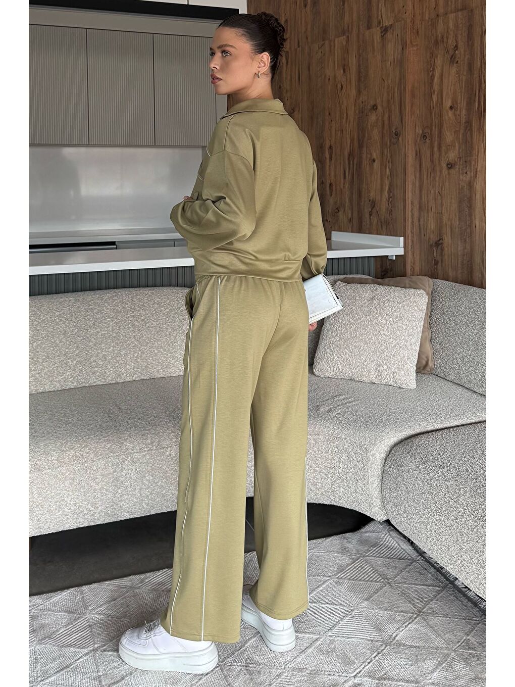 Haki Kadın Şeritli Bel Lastikli Palazzo Pantolon Fermuarlı Sweat İkili Takım-3