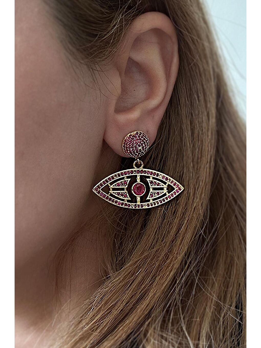 Pembe Artisan Horus Zirkon Gömme Taşlı 18 K Altın Kaplama Küpe-1