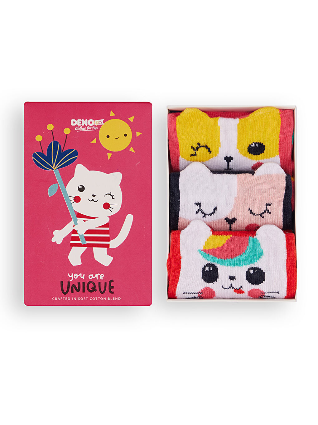 Karışık Renkli Kediler Kız Çocuk 3'lü Kutulu Çorap-1