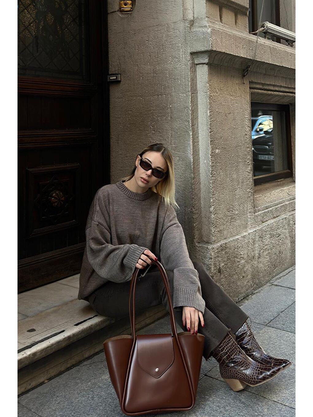 Kahverengi Petre Makyaj Çantalı Omuz Çantası Fındık Kabuğu-7