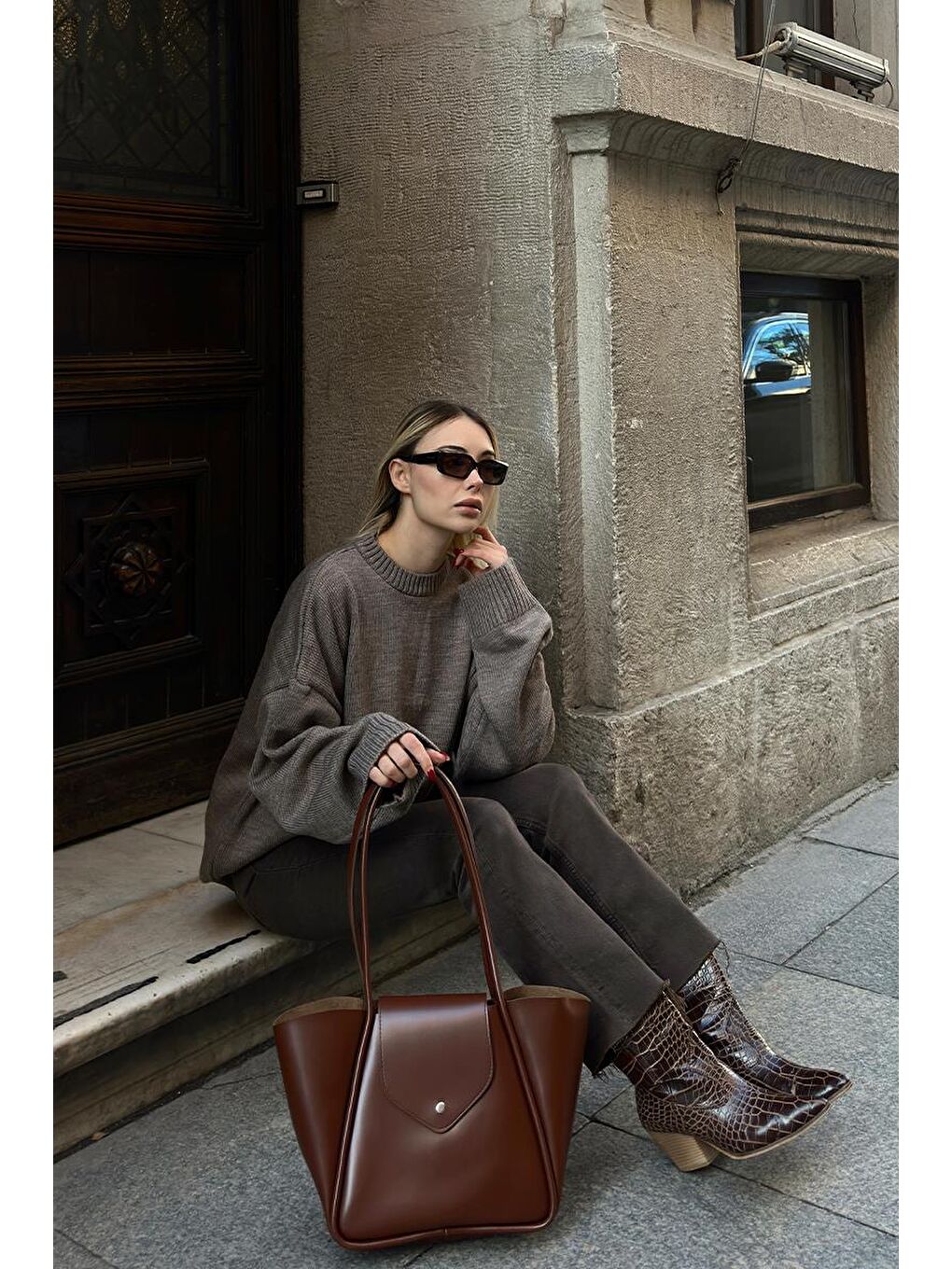 Kahverengi Petre Makyaj Çantalı Omuz Çantası Fındık Kabuğu-9