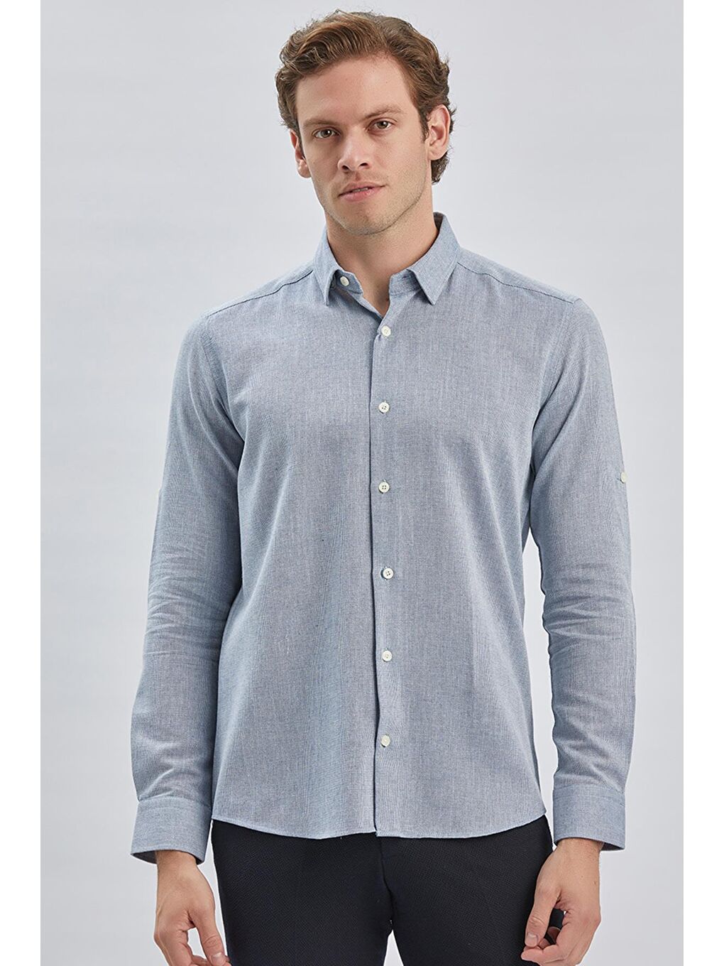 Koyu Mavi Uzun Kol Kendinden Desenli Armürlü Yarım İtalyan Yaka Classic Slim Fit Gömlek 1004240250