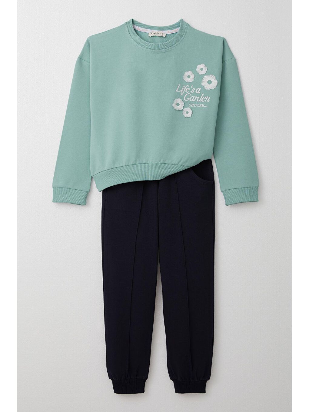Turkuaz Kız Çocuk Eşofman Takım Slogan Temalı Püsküllü Çiçek Nakışlı Su Yeşili (4-9 Yaş)
