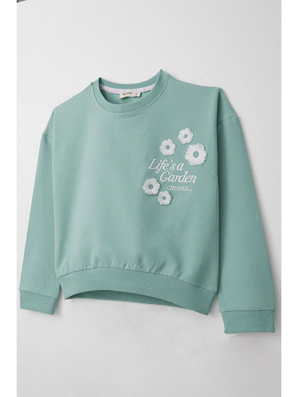 Turkuaz Kız Çocuk Eşofman Takım Slogan Temalı Püsküllü Çiçek Nakışlı Su Yeşili (4-9 Yaş)-5