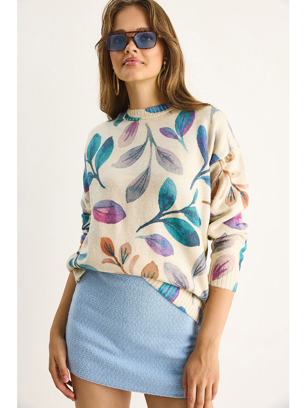 Bej Kadın Parçalı Triko Kazak