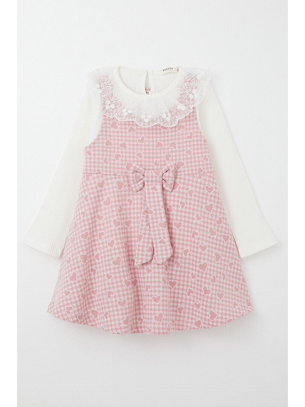 Kız Çocuk Uzun Kollu Jile Elbise Bodyli Kalp Desenli Pembe (3 Yaş)