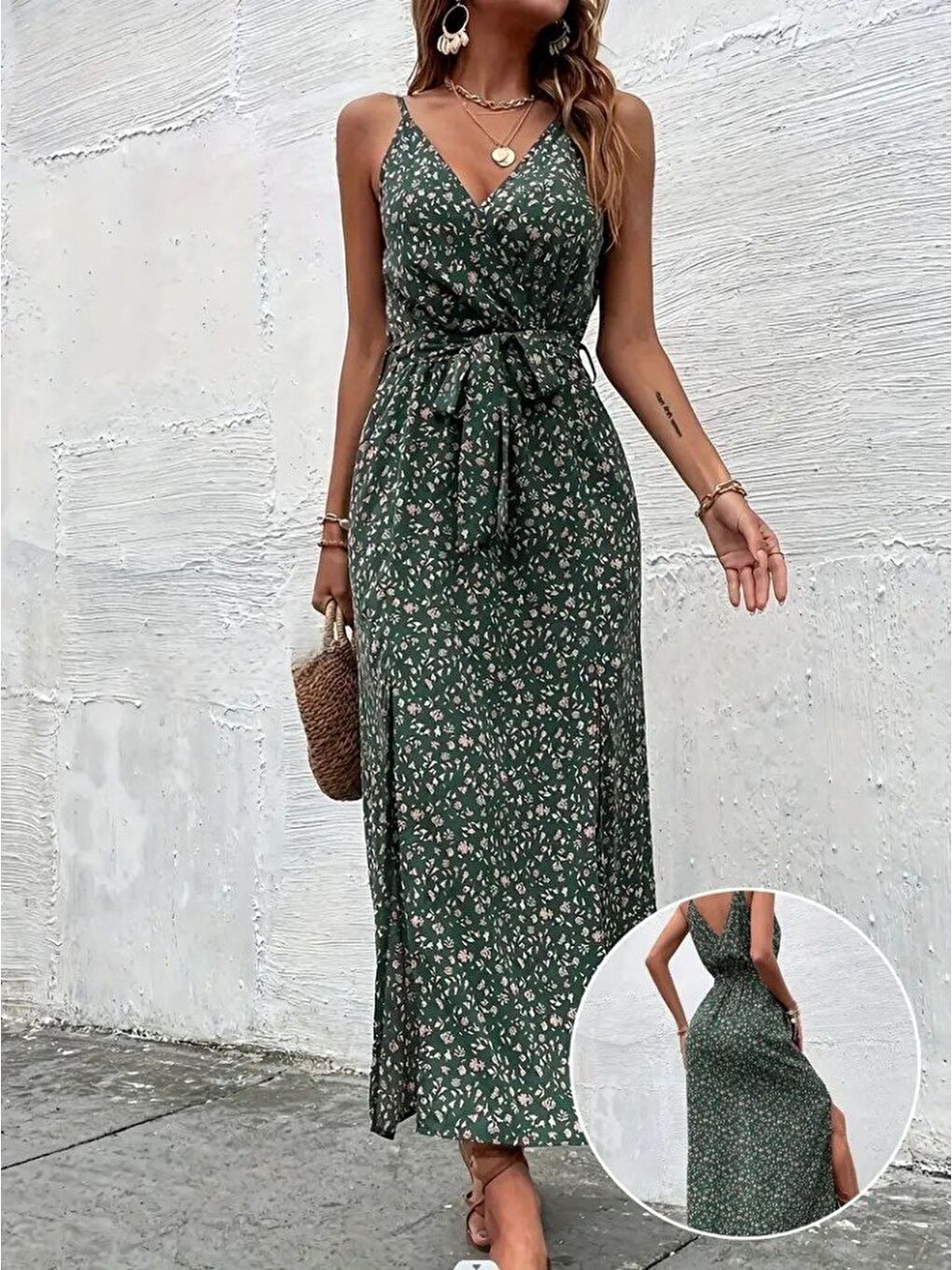 Yeşil Kadın Ip Askılı Kruvaze Yakalı Yırtmaçlı Uzun Desenli Kuşaklı Süprem Elbise-1