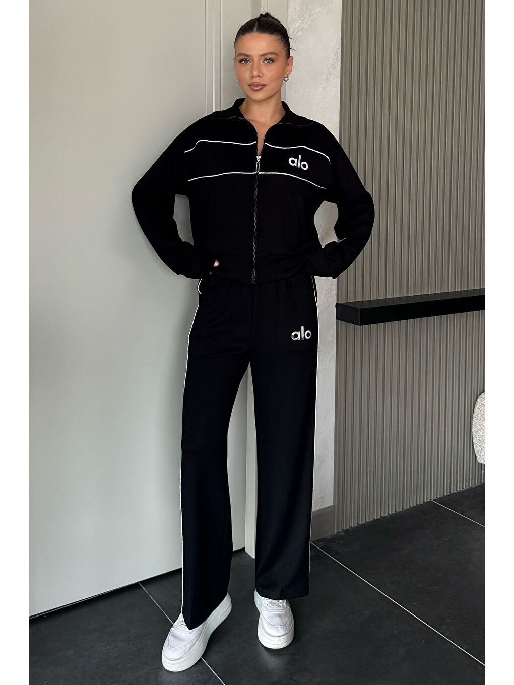 Siyah Kadın Şeritli Bel Lastikli Palazzo Pantolon Fermuarlı Sweat İkili Takım