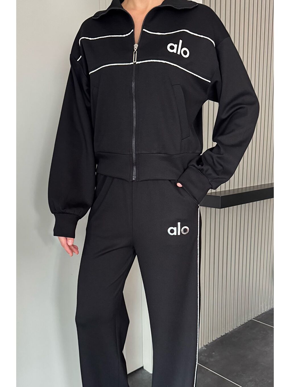 Siyah Kadın Şeritli Bel Lastikli Palazzo Pantolon Fermuarlı Sweat İkili Takım-2