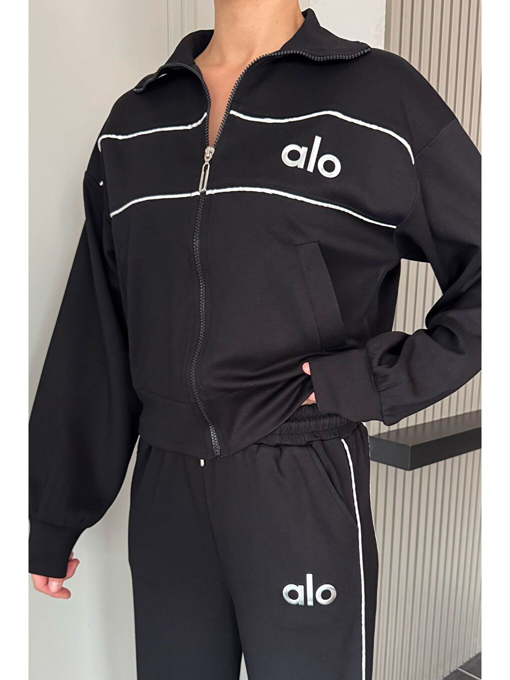 Siyah Kadın Şeritli Bel Lastikli Palazzo Pantolon Fermuarlı Sweat İkili Takım-3