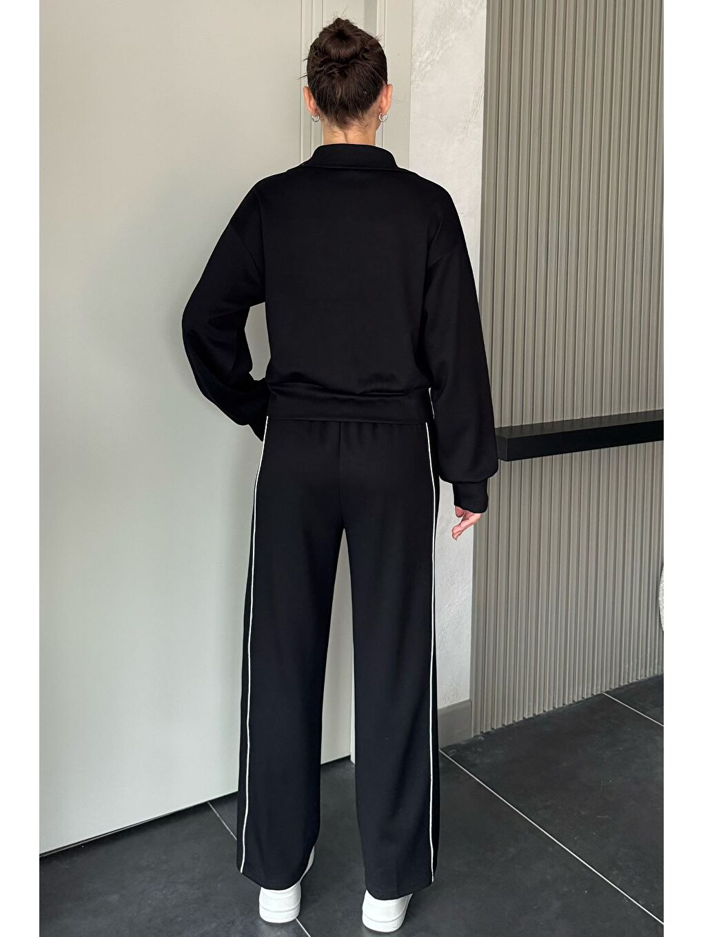 Siyah Kadın Şeritli Bel Lastikli Palazzo Pantolon Fermuarlı Sweat İkili Takım-4
