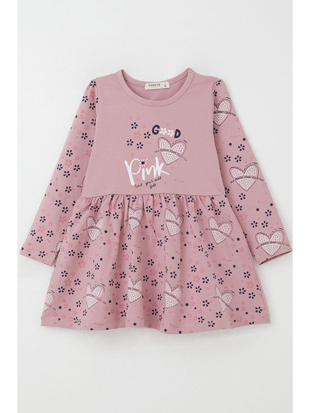 Pembe Kız Çocuk Uzun Kollu Elbise Moda Temalı Çiçek Desenli Gülkurusu (3-7 Yaş)