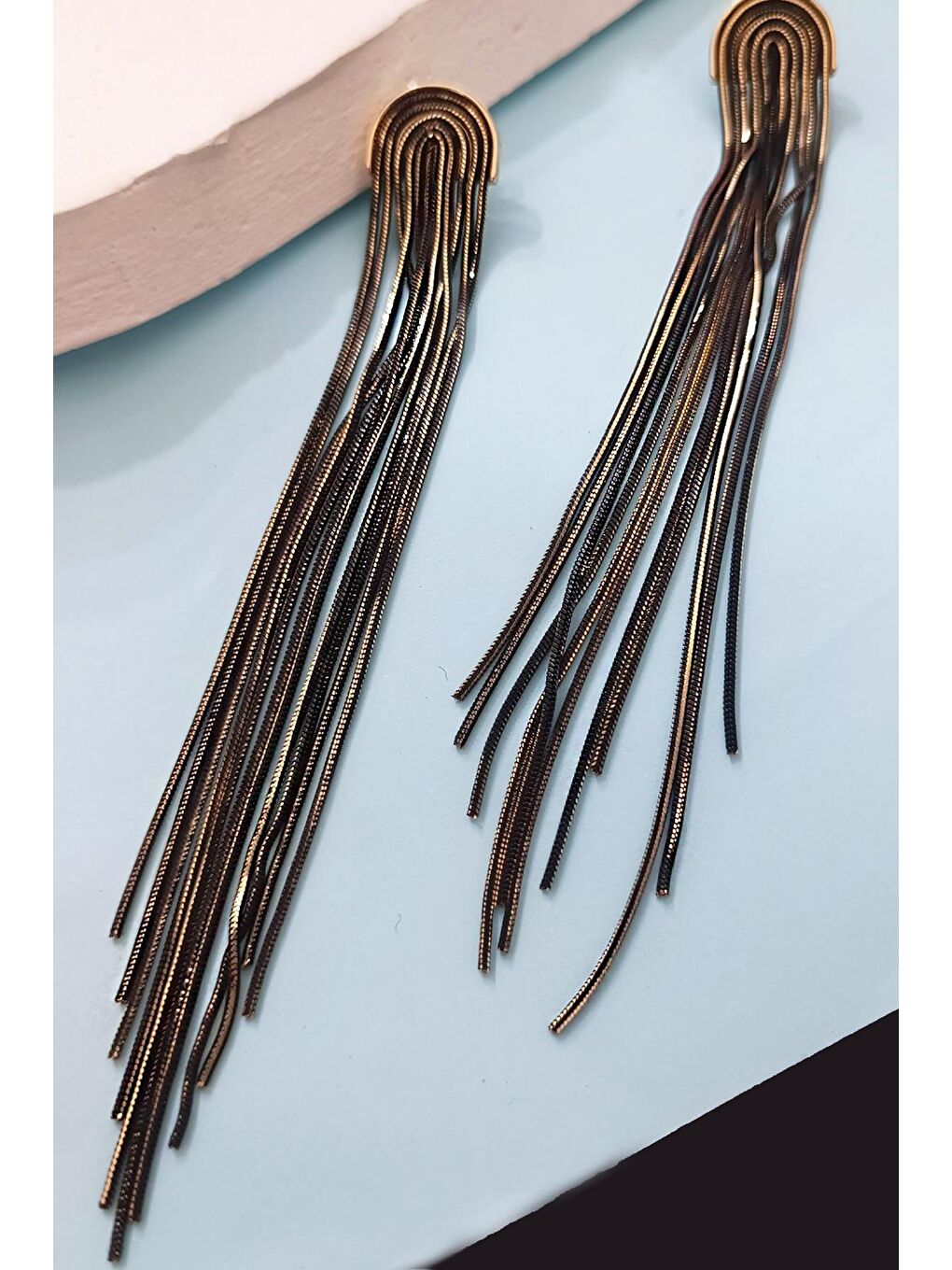 Siyah Bakır Uzun Şelale Elmas Kesim Zincir Küpe-6