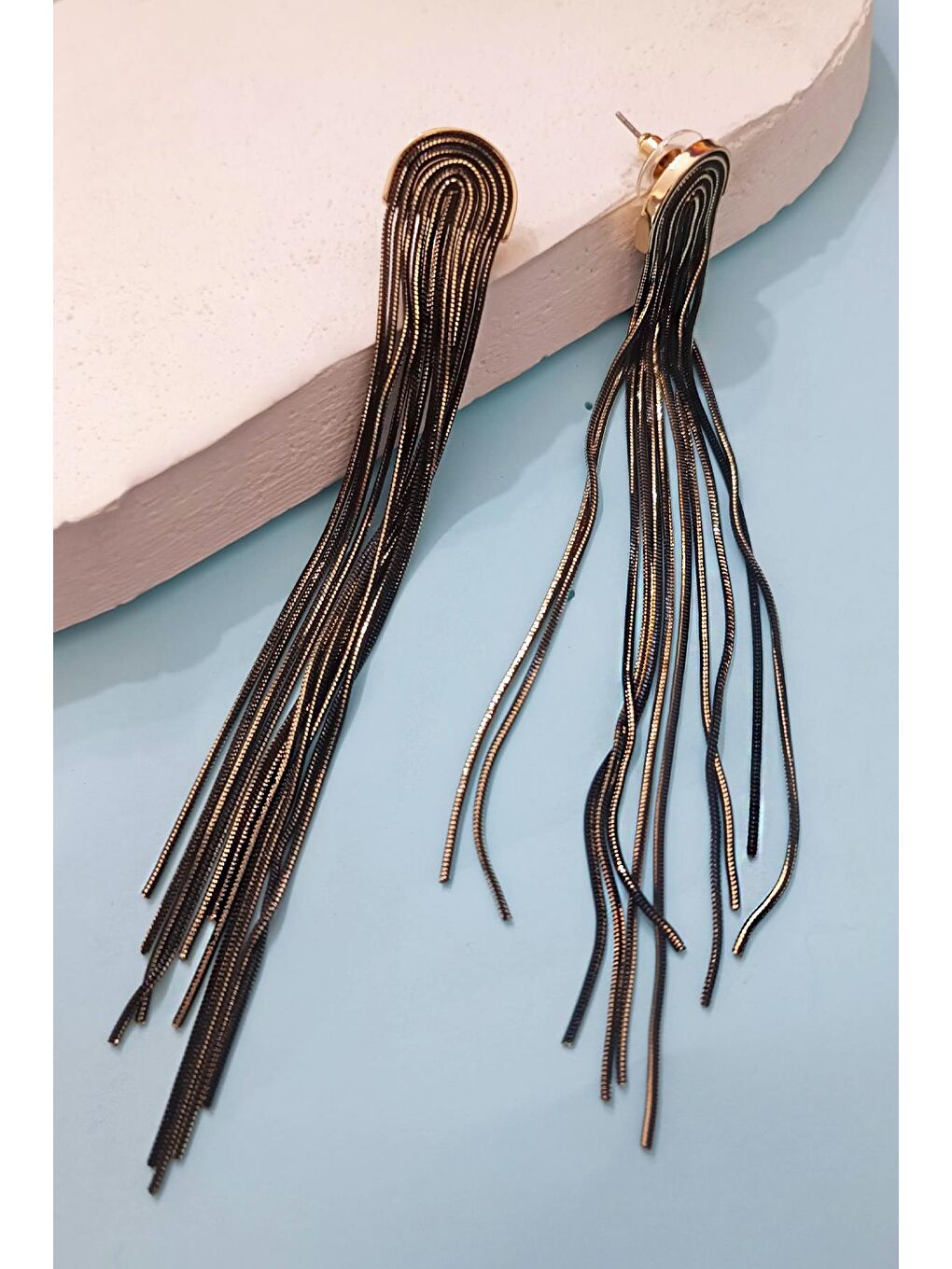 Siyah Bakır Uzun Şelale Elmas Kesim Zincir Küpe-7