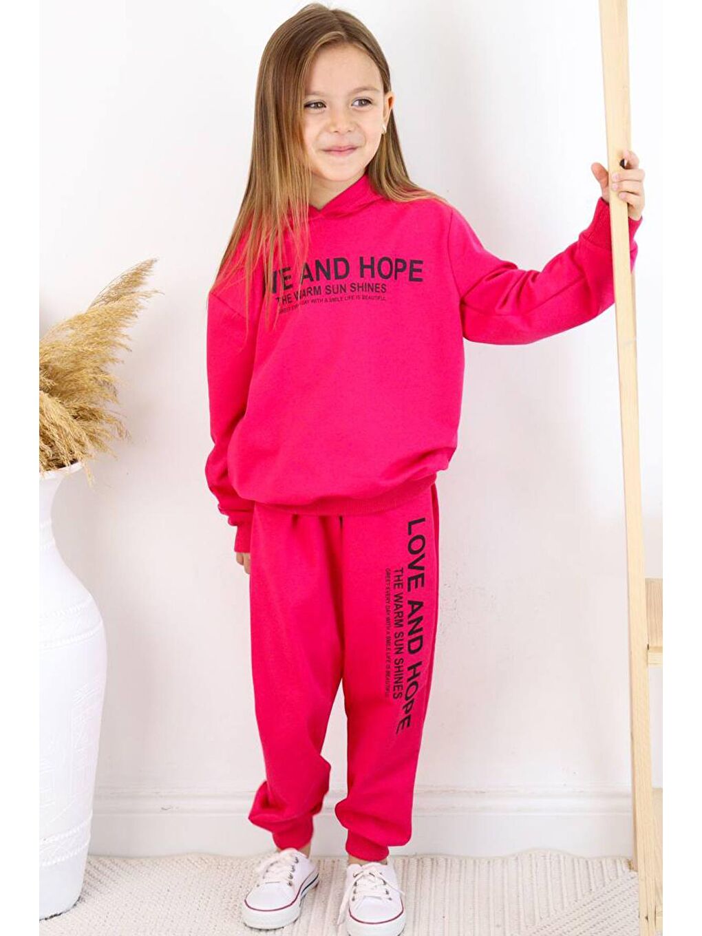 Riccotarz Fuşya Kız Çocuk Love And Hope Basklı Penye Sweatshirt Fuşya Eşofman Takım - 1