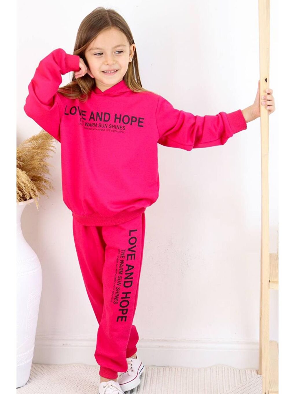 Riccotarz Fuşya Kız Çocuk Love And Hope Basklı Penye Sweatshirt Fuşya Eşofman Takım - 2