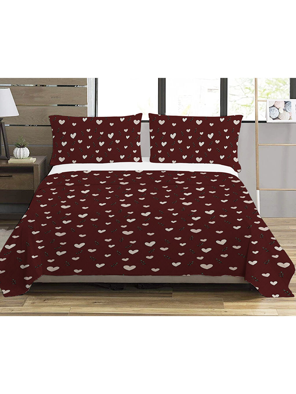 Evmila Karişik Kalp Desenli Baskılı Çift Kişilik Baskılı Pike  200x220 Cm