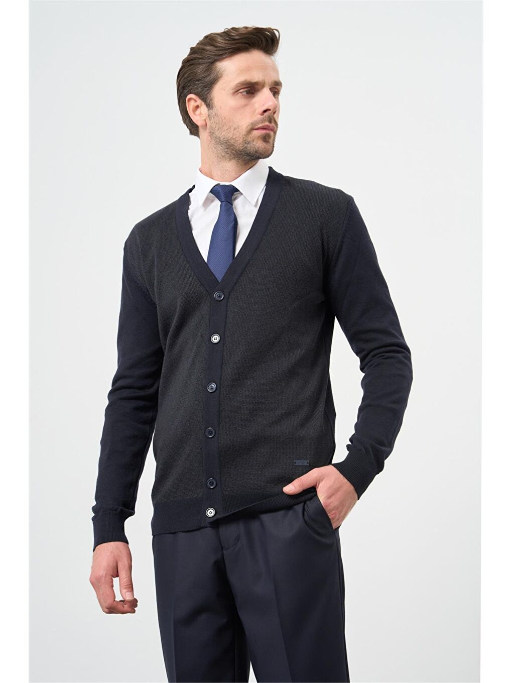 Koyu Lacivert Uzun Kol Kendinden Desenli Örme V Yaka Classic Comfort Fit Triko 1012245161