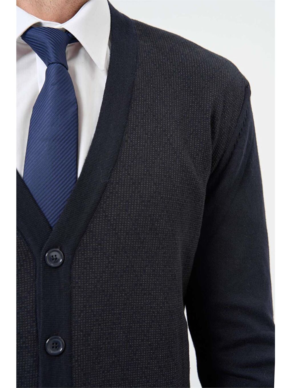 Koyu Lacivert Uzun Kol Kendinden Desenli Örme V Yaka Classic Comfort Fit Triko 1012245161-2