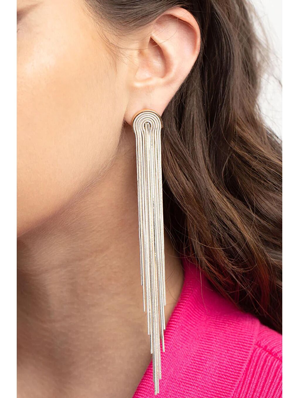 Gri Bakır Uzun Şelale Elmas Kesim Zincir Küpe