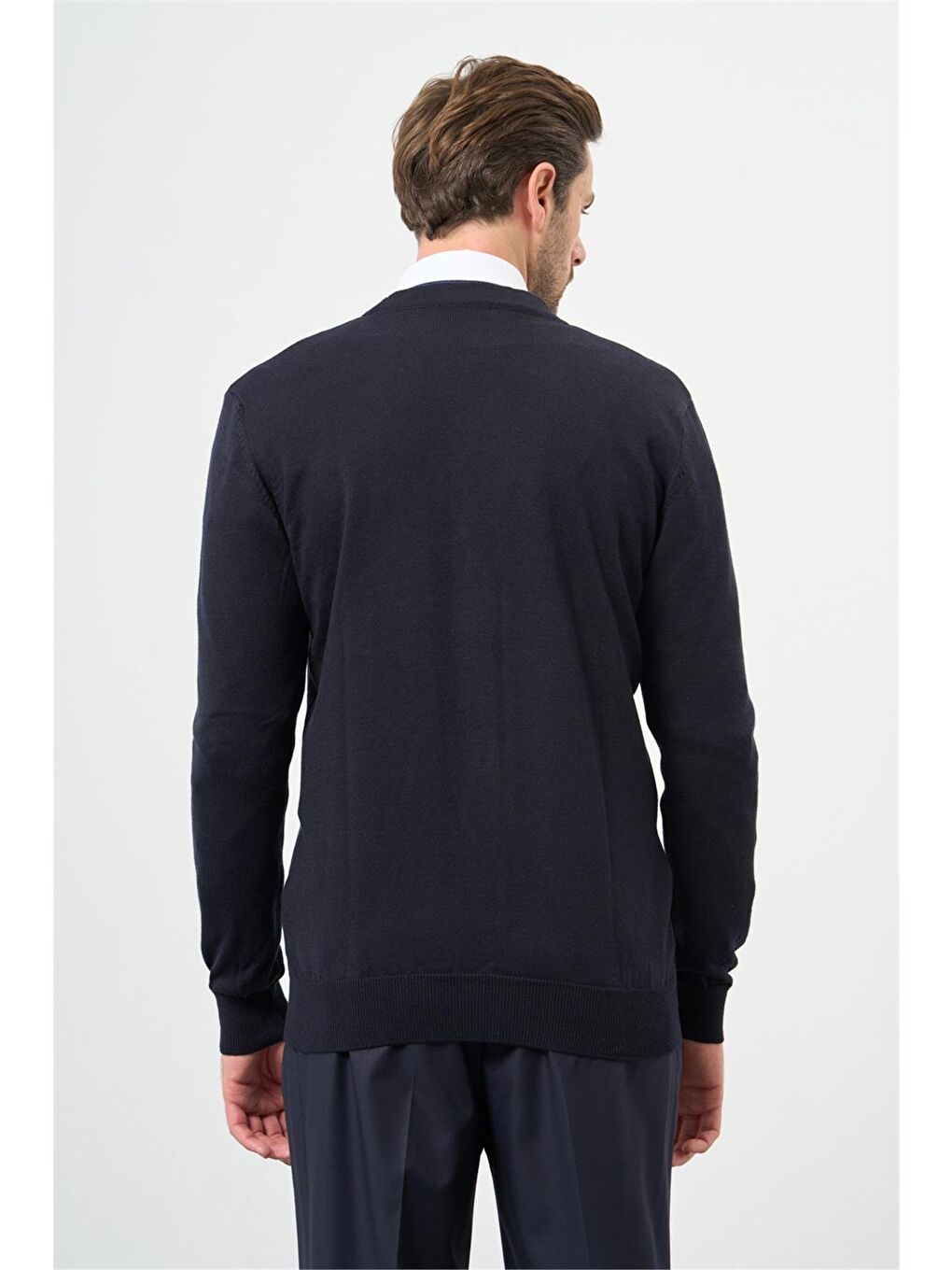 Koyu Lacivert Uzun Kol Kendinden Desenli Örme V Yaka Classic Comfort Fit Triko 1012245161-3