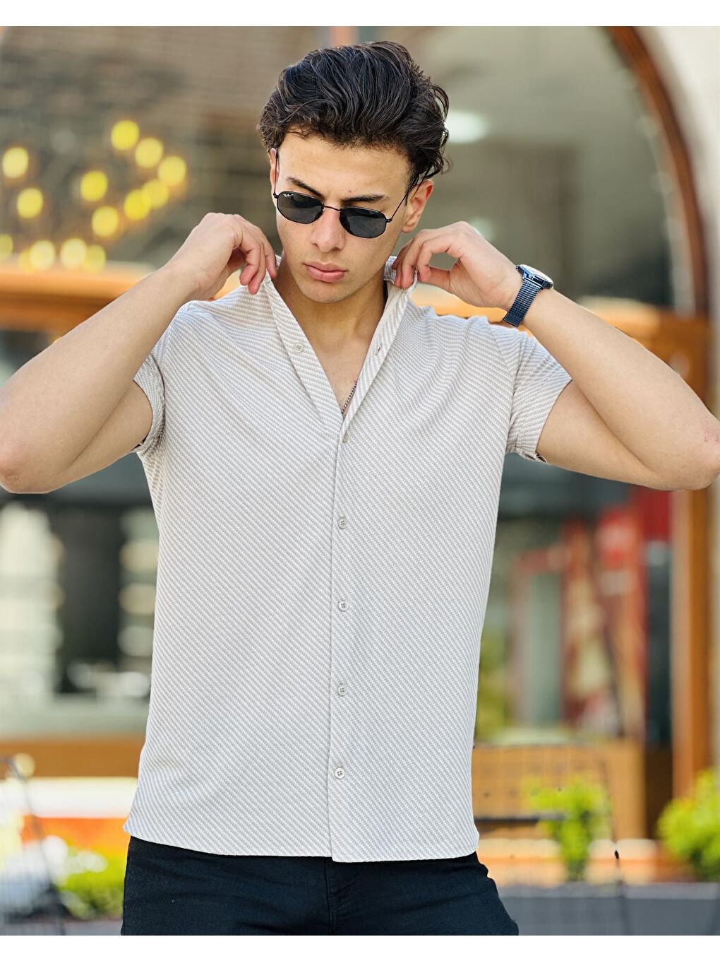 Diyagonel Çizgili Kısa Kollu Gömlek-Bej