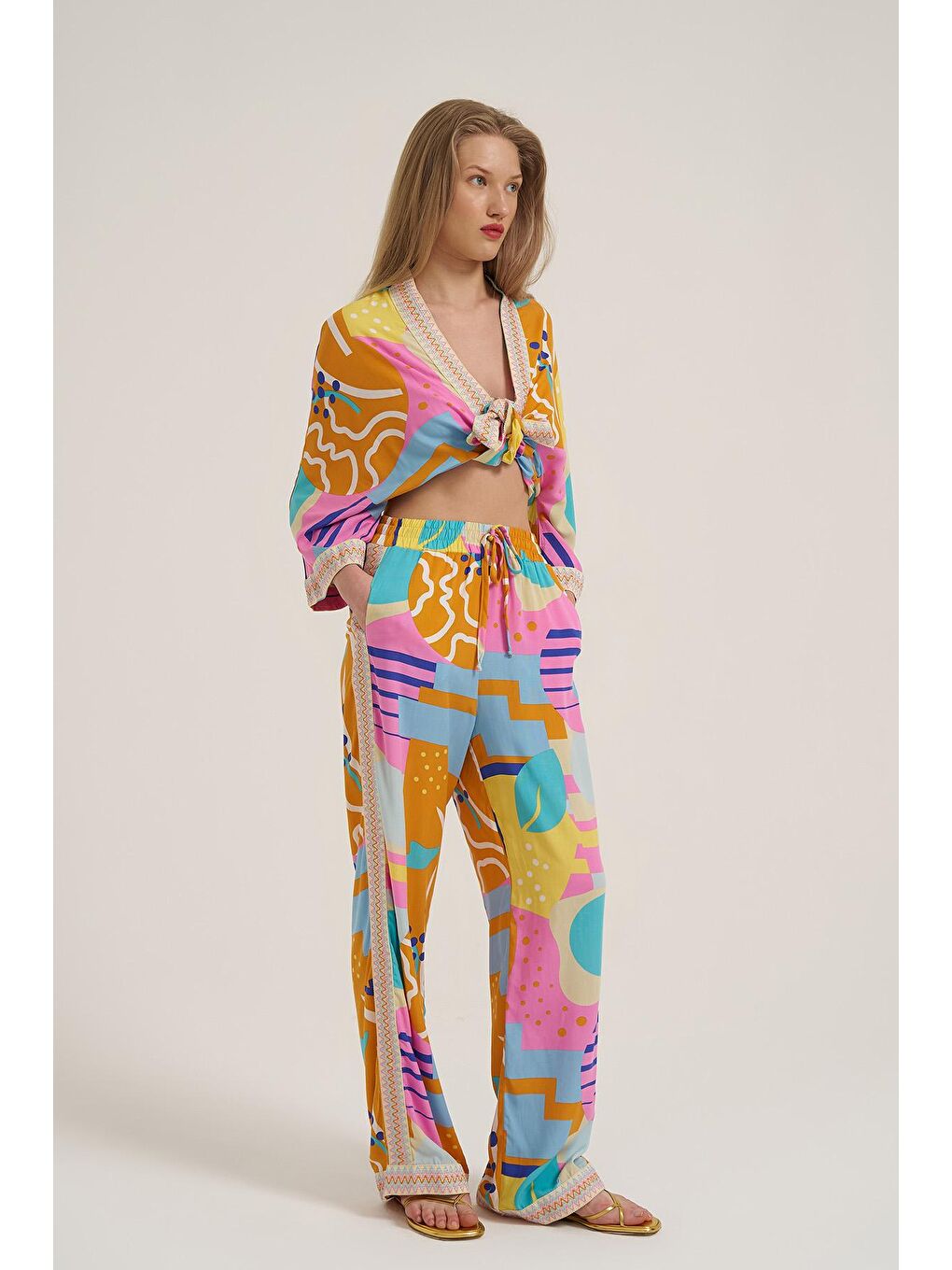 Beli Lastikli Renkli Desenli Pantolon Turuncu-2