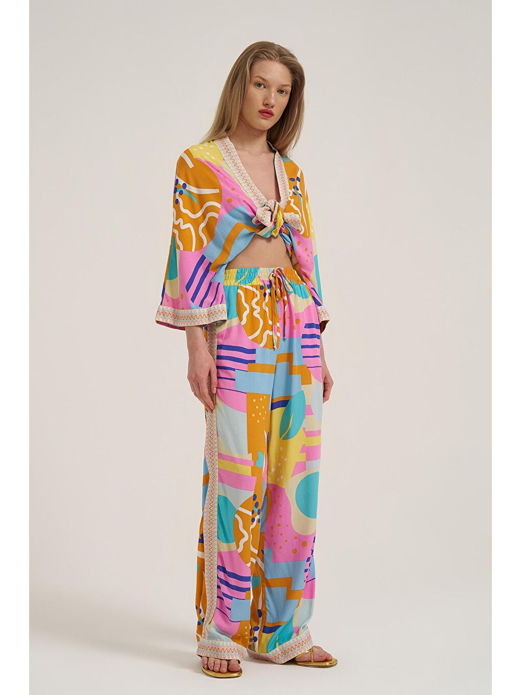 Beli Lastikli Renkli Desenli Pantolon Turuncu-3