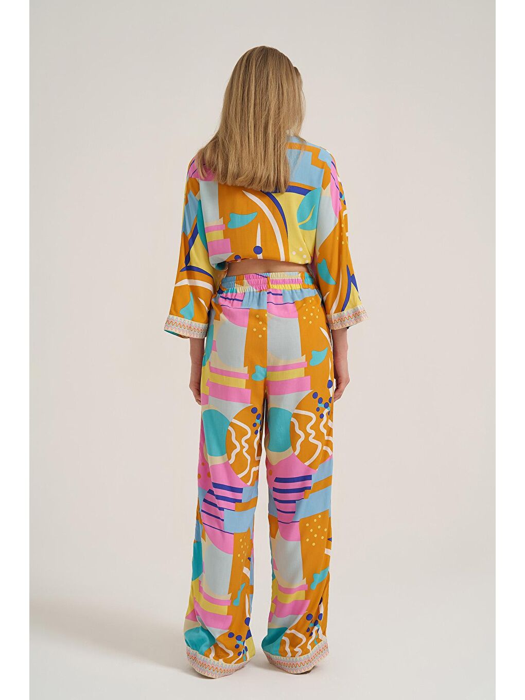 Beli Lastikli Renkli Desenli Pantolon Turuncu-4