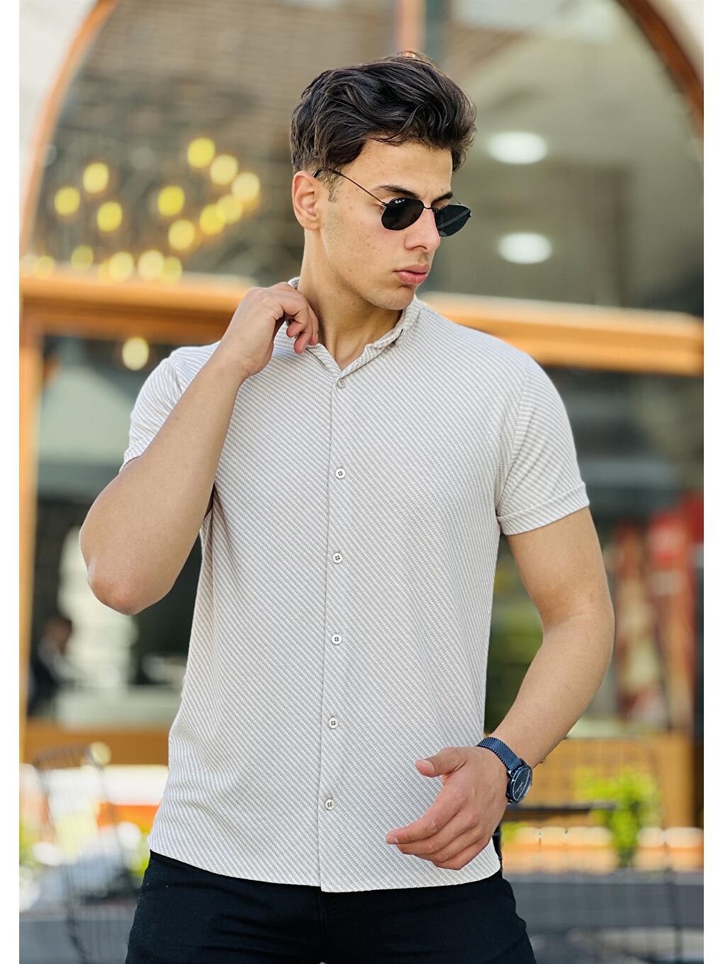 Diyagonel Çizgili Kısa Kollu Gömlek-Bej-2