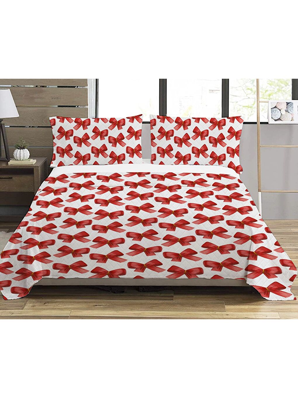 Karışık Kırmızı Fiyonk Desenli Baskılı Çift Kişilik Baskılı Pike  200x220 Cm