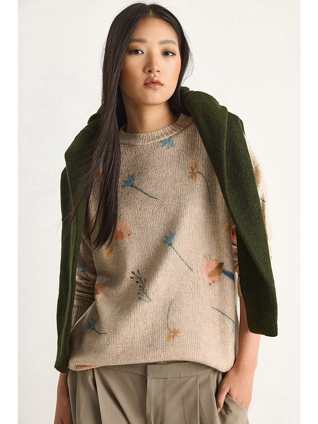 Bej Kadın Parçalı Triko Kazak-2