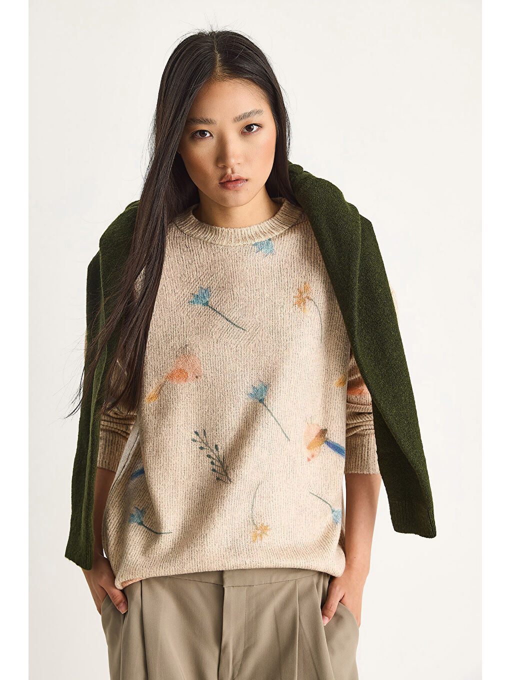 Bej Kadın Parçalı Triko Kazak-3