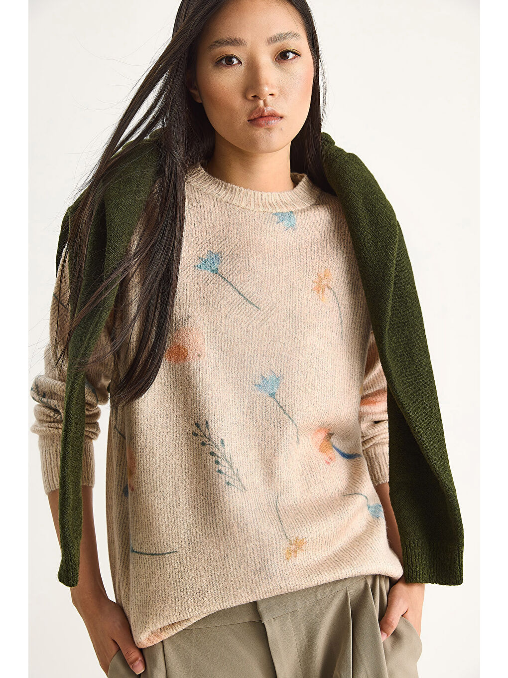 Bej Kadın Parçalı Triko Kazak-4