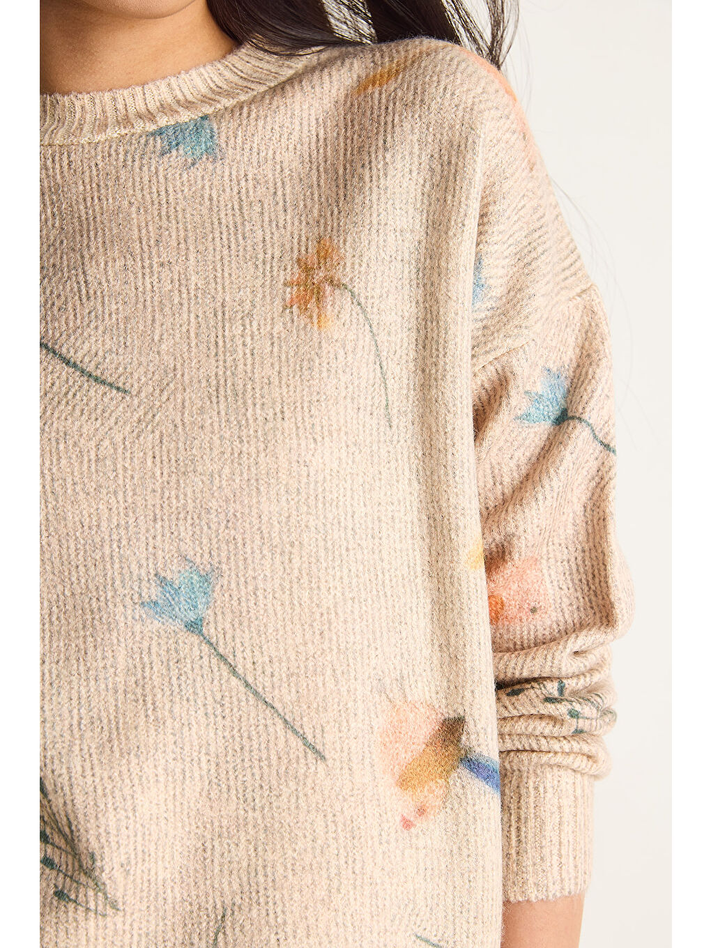 Bej Kadın Parçalı Triko Kazak-5