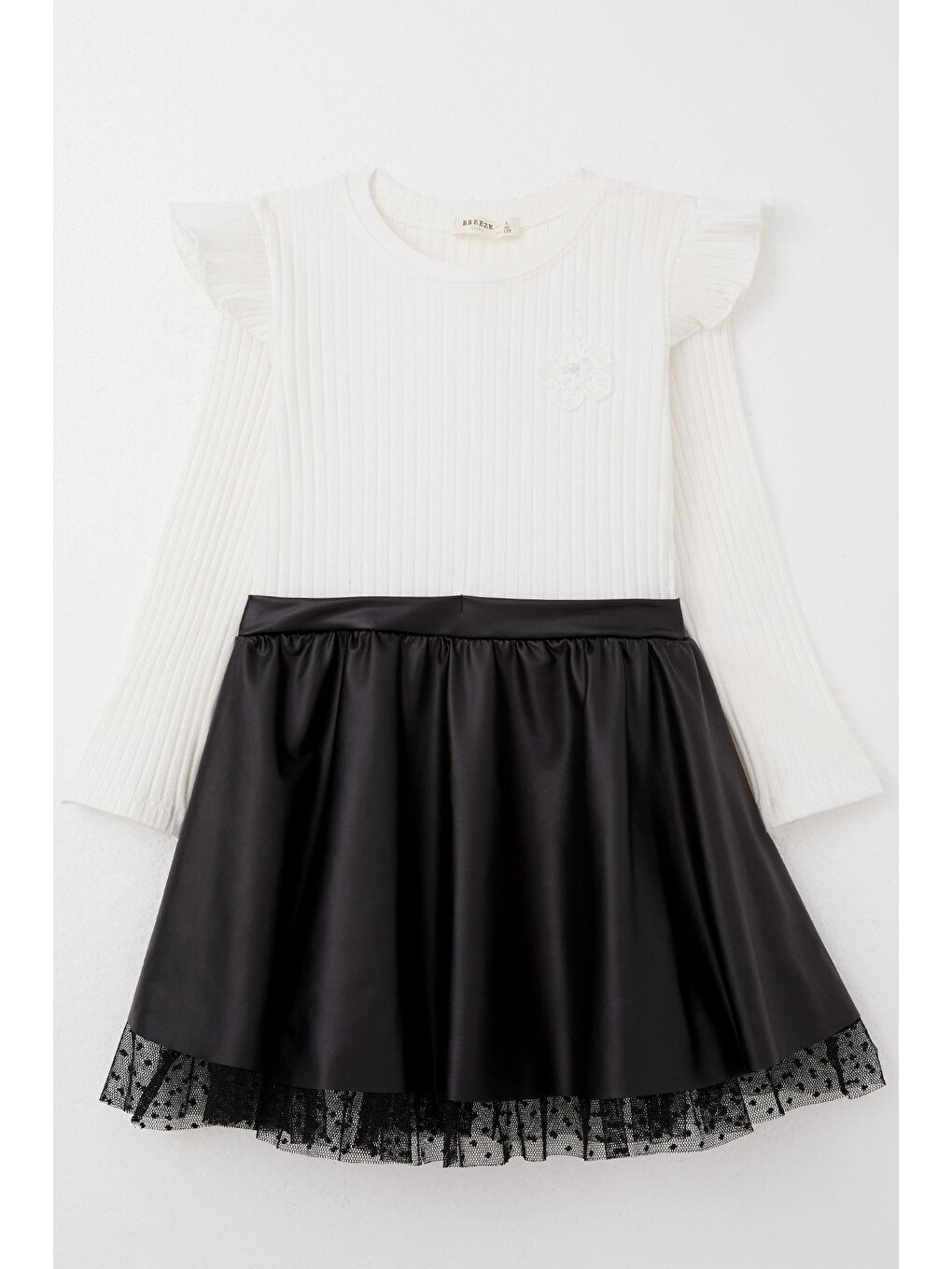 Kız Çocuk Uzun Kollu Elbise Etek Kısmı Deri Çiçek Aksesuarlı Ekru (9 Yaş)