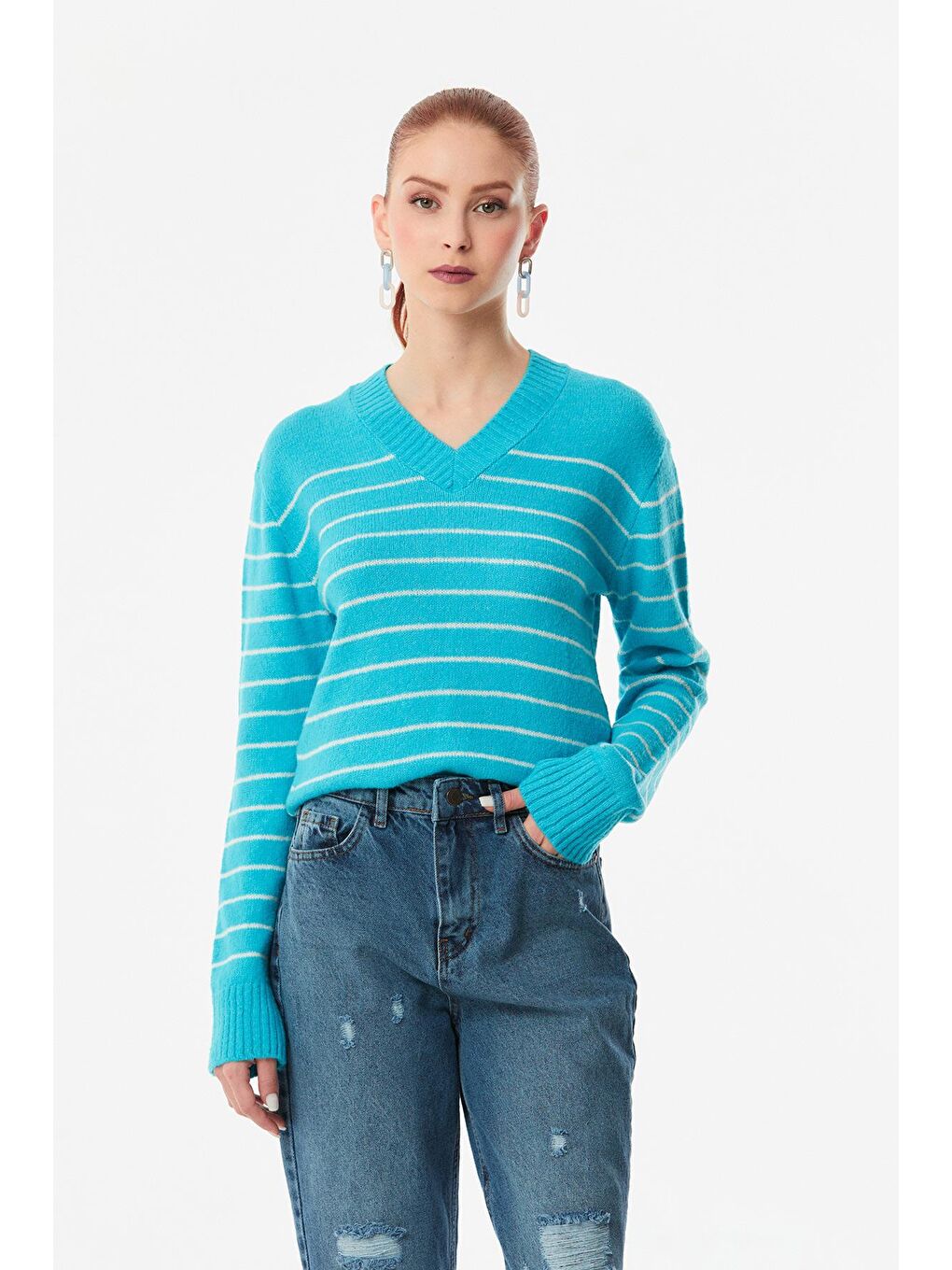 Mavi Çizgili V Yaka Triko Kazak-2
