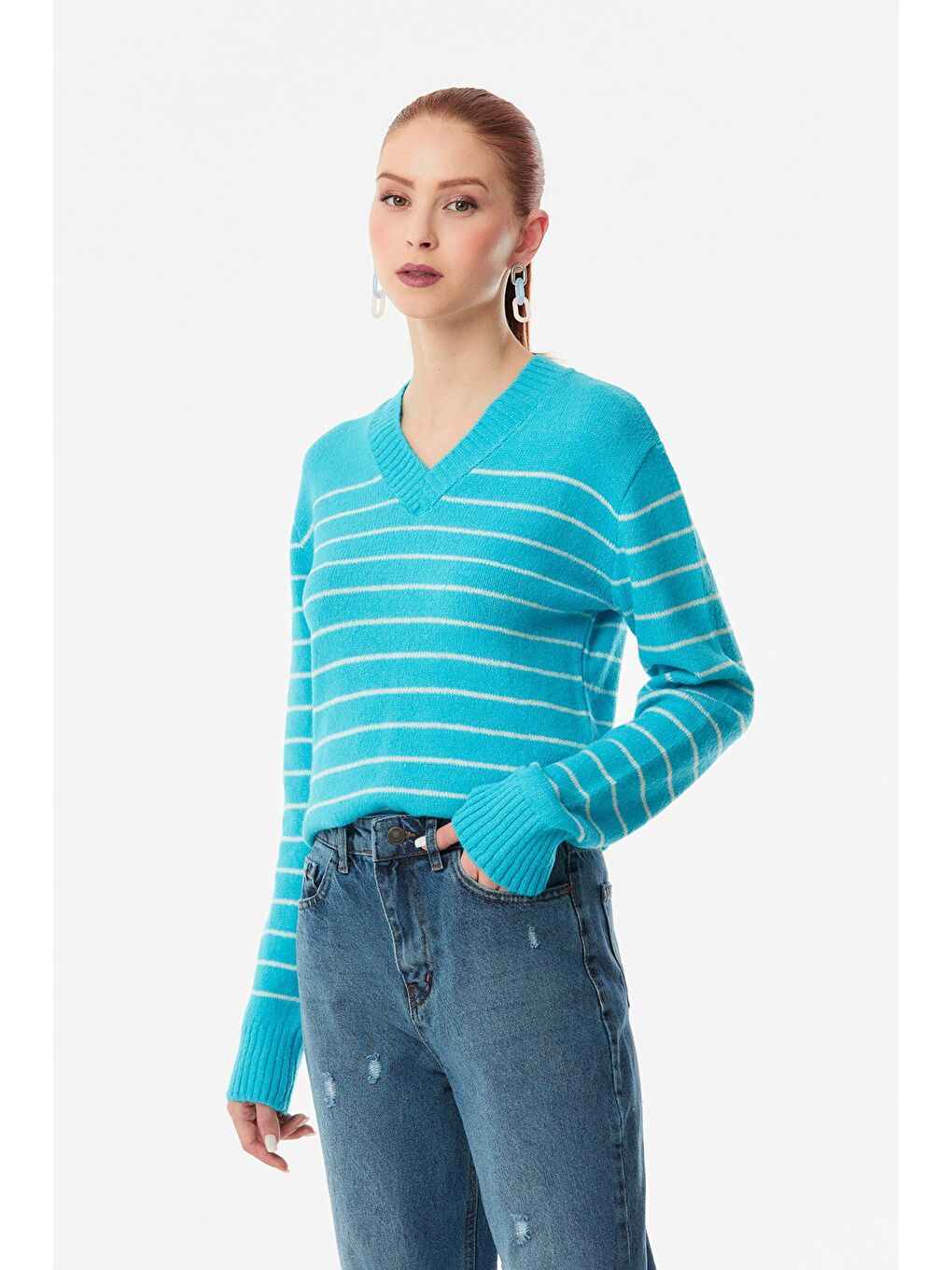 Mavi Çizgili V Yaka Triko Kazak-3