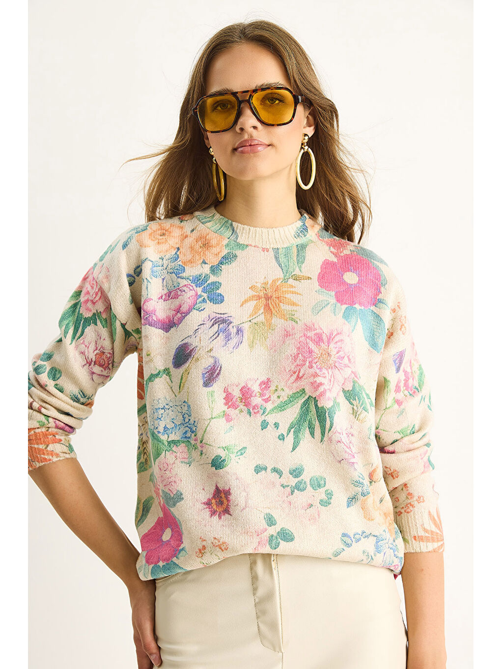 Bej Kadın Parçalı Triko Kazak-1