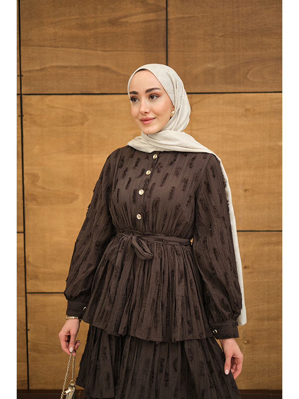 Kadın Fisto Volanlı Kemer Detay Elbise Kahverengi-1