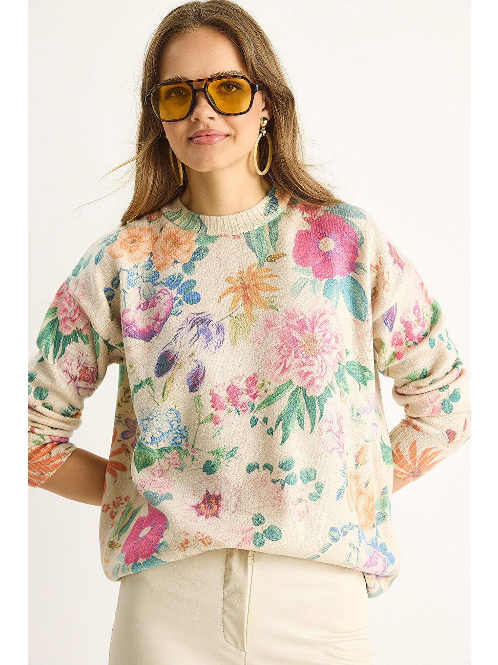 Bej Kadın Parçalı Triko Kazak-2