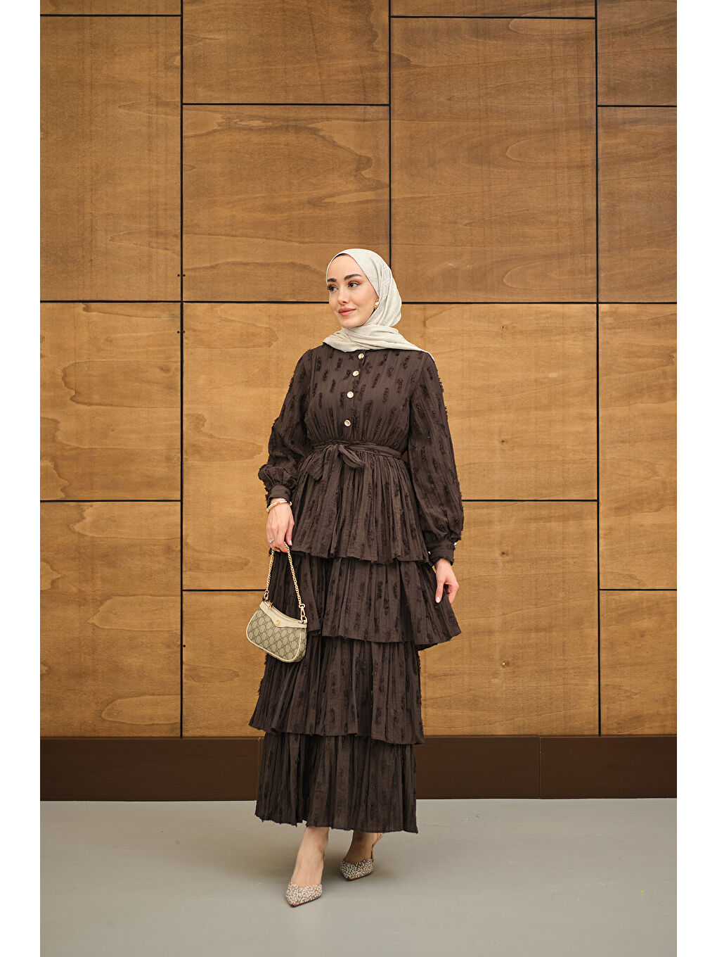 Kadın Fisto Volanlı Kemer Detay Elbise Kahverengi-2