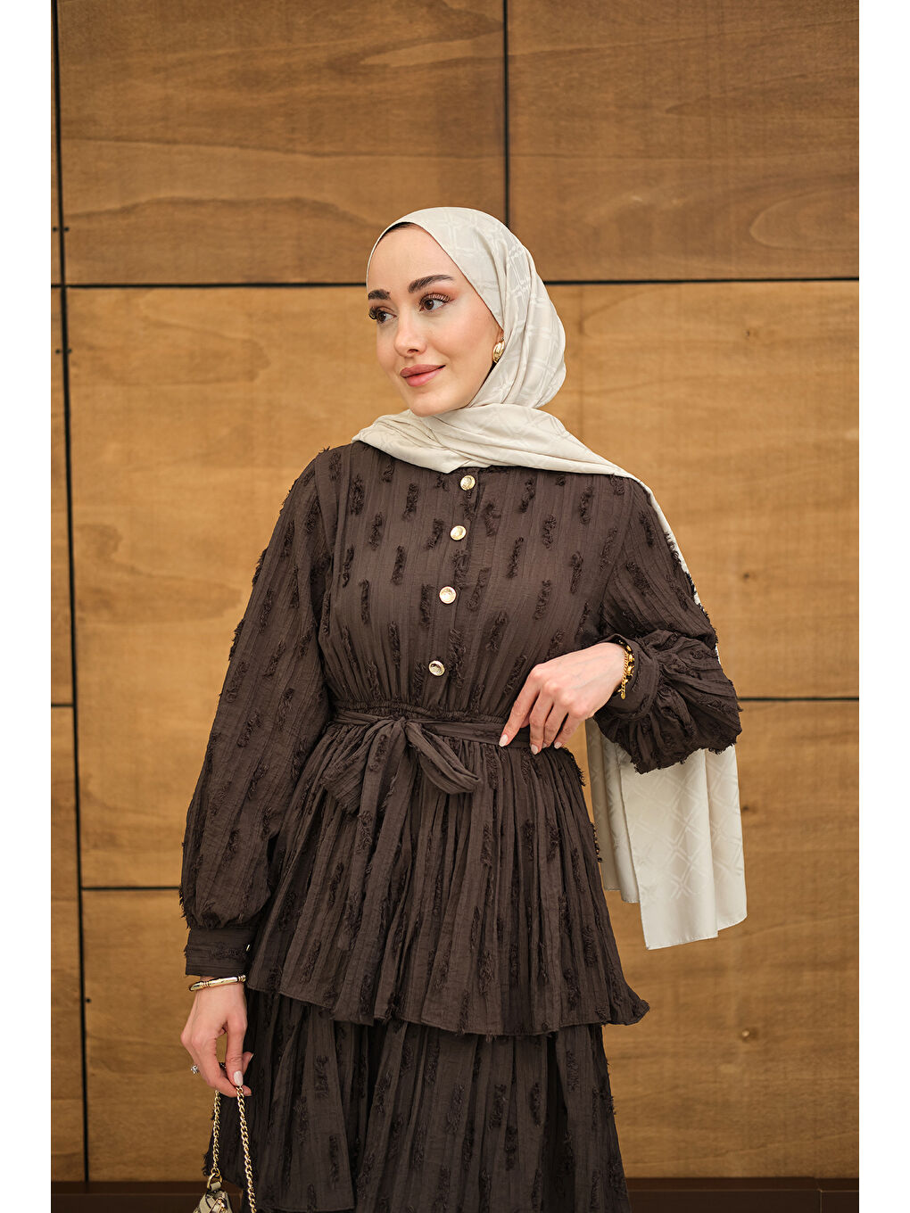 Kadın Fisto Volanlı Kemer Detay Elbise Kahverengi-3